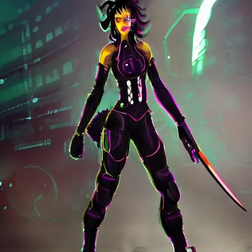 Prompt: character concept art of a cyber punk woman wielding a katana