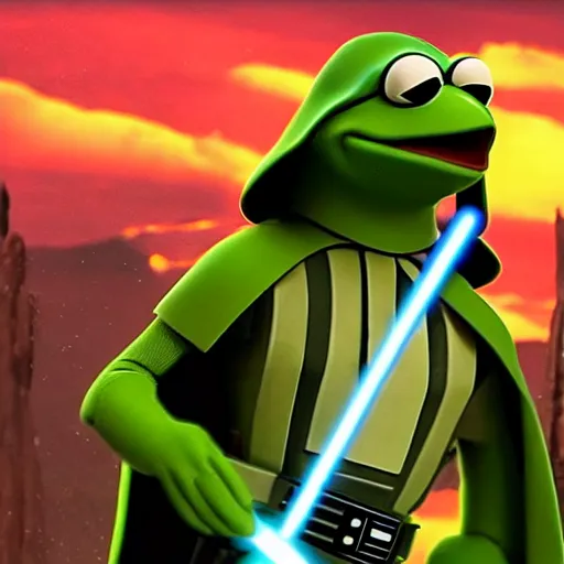 Prompt: Darth Vader battles Kermit the Frog in a Lightsaber duel, cinematic, 8k