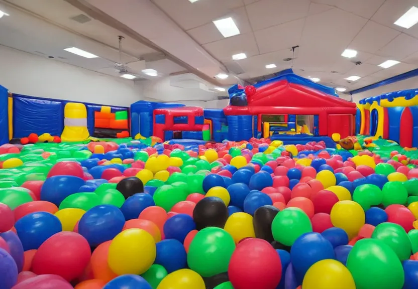 Prompt: A bouncy house with a ball pit and a large black trampoline next to it inside a big empty room with light coming through windows