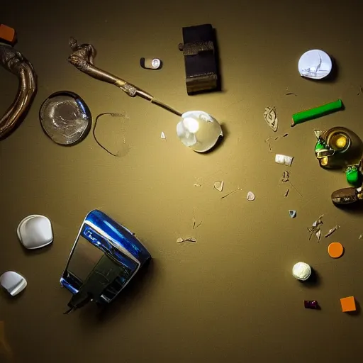 Prompt: A surreal composition of objects laid out on a floor in a dimly lit room with a green light emanating from the ceiling, depth of field, bokeh, oil on canvas, rule of thrids, dreamy