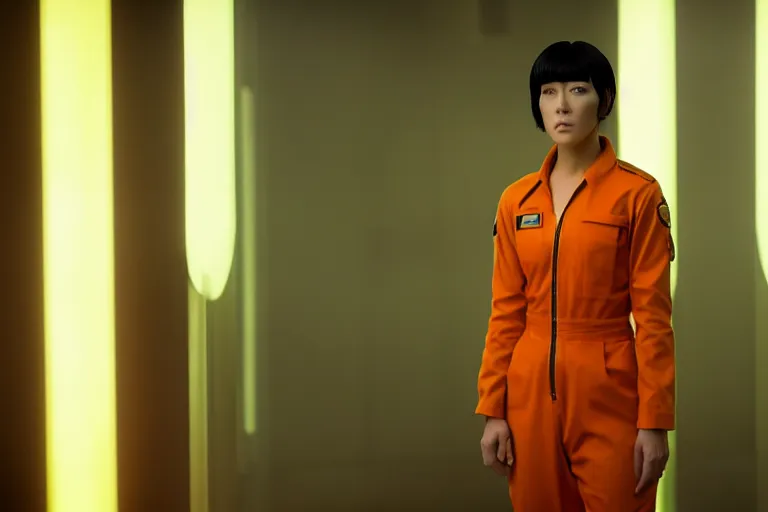 Image similar to major motoko wearing an orange prison jumpsuit, photography by fred palacio medium full shot still from bladerunner 2 0 4 9, sci fi, bladerunner, canon eos r 3, f / 3, iso 2 0 0, 1 / 1 6 0 s, 8 k, raw, unedited