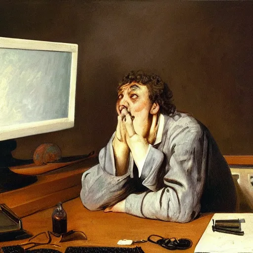 Image similar to an angry man yells at his computer monitor, oil on canvas, 1 8 8 3, highly detailed