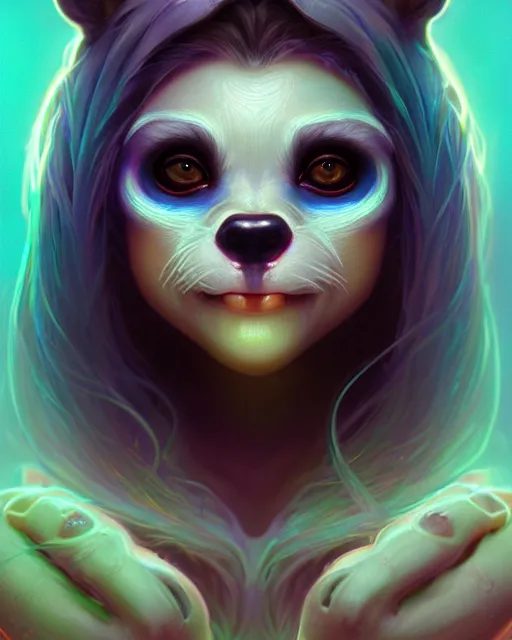 Prompt: portrait of a cute female racoon, bioluminescent, veins, horror, happy, highly detailed, digital painting, cinematic, hyperrealism, dark retrowave, art by stanley lau and artgerm and magali villeneuve and alphonse mucha, artstation, octane render, cgsociety