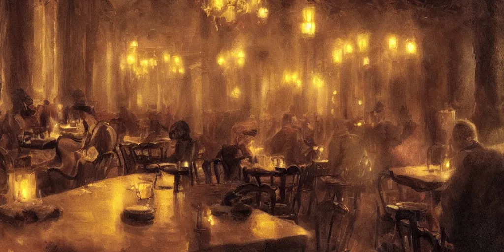 Image similar to brown cat with yellow eyes is sitting at table in a cafe at paris in early 2 0 th century. atmospheric feeling, warm colours, brown colours, yellow colours, epic scene, cinematic, very detailed, concept art, trending on artstation