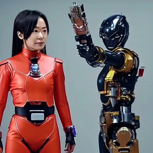 Prompt: still from a 2 0 1 9 japanese tokusatsu tv show starring actress suzu yamanouchi as a cybernetic female sentai hero. science - fiction ; action.