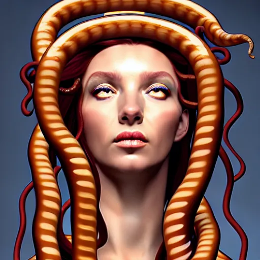 Prompt: portrait of medusa with long thin sausages instead of snakes, sausage hair, painting, illustration, intricate details, masterpiece, digital art, trending on artstation