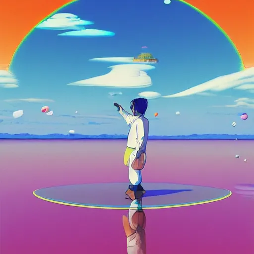 Image similar to a man walking on clouds away from the camera above a lake by takashi murakami, beeple and james jean, aya takano color style, 4 k, super detailed, modern, 4 k, symmetrical