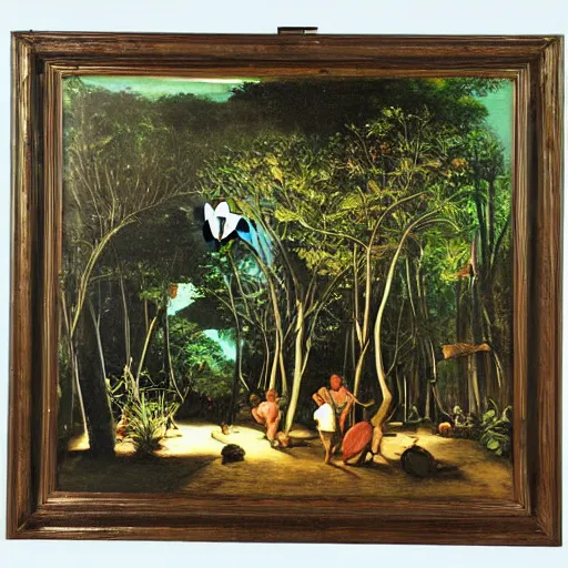 Image similar to moonlit jungle village, oil painting by caravaggio