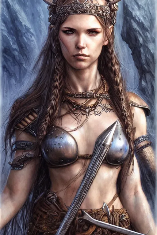 Image similar to head and shoulders portrait of a barbarian, female, high fantasy, dnd, digital illustration, by luis royo, magali villeneuve, donato giancola, wlop, krenz cushart, artgerm