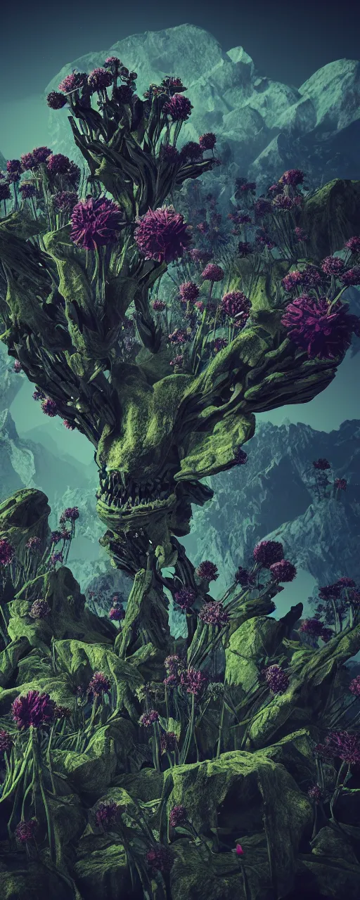 Image similar to visceral exoskeletal formations surrounding of aliens flowers and plants, mythical mountains, dramatic dark contrast lighting, surreal, hyper detailed, cycles 3 d render, 8 k