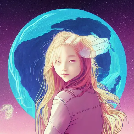 Prompt: portrait of a young astronaut girl, flowing white hair, tsutomu nihei, yoshitoshi abe, alphonse mucha, loish, murata range, moebius, synthwave, cosmic, kawaii big eyes,studio lighting, manga, anime, vibrant, beautiful, dreamy, gradation, ((space nebula background))