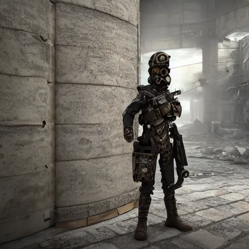 Image similar to 3d render of a detailed steampunk soldier with full-head helmet carrying an energy rifle in his arms, standing in front of a dilapidated advanced city, 4k, Unreal Engine, octane render