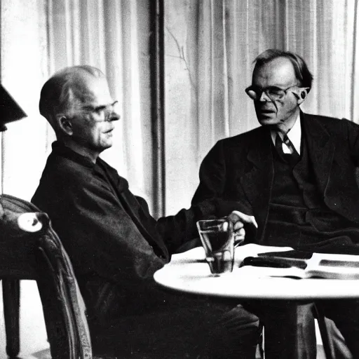 Prompt: a photograph of carl jung and aldous huxley having a lively conversation