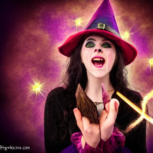 Prompt: gorgeous witch surprised and excited because she can cast a spell, magic, comedy , fantasy, D&D, HDR, natural light, award winning photograph, 8k, Mucha style,