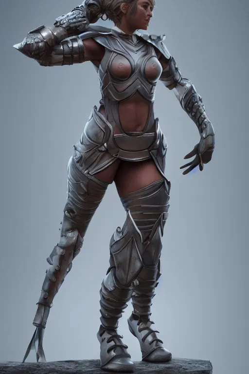 Image similar to a highly detailed sculpt of athletic girl in armor, concept design, cinematic light, featured on artstation, octane render, path tracing, sharp focus, 4 k