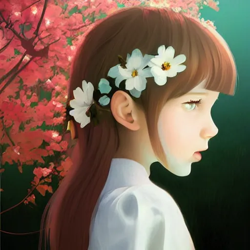 Image similar to little girl with flowers in hair wearing an white dress, art by ilya kuvshinov,
