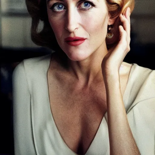 Image similar to photo of a gorgeous 40-year-old Gillian Anderson with a 1970s hairstyle by Mario Testino, detailed, head shot, award winning, Sony a7R -