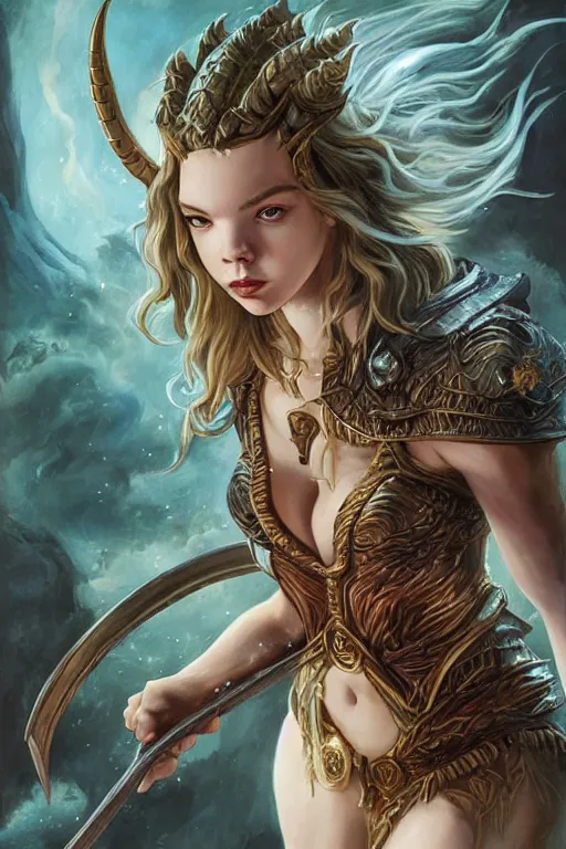 Prompt: A fantasy comic book style, composite hybrid portrait painting of Anya Taylor-Joy, and Cory Chase as a youthful Atlantean, Reptilian Warrior, Mystical Valkyrie, Modest light Armor, Sword, Sheild, Spear, François Boucher, Oil Painting, unreal 5, DAZ, hyper-realistic, Photorealistic, octane render, Regal, Refined, Coherent, Detailed Digital Art, RPG portrait, William-Adolphe Bouguereau, Michael Cheval, Walt Disney (1937), Steampunk, Hieronymus Bosch, Golden dappled dynamic lighting, Highly Detailed, Theophanic atmosphere, Cinematic Lighting, Unreal Engine, 8k, HD