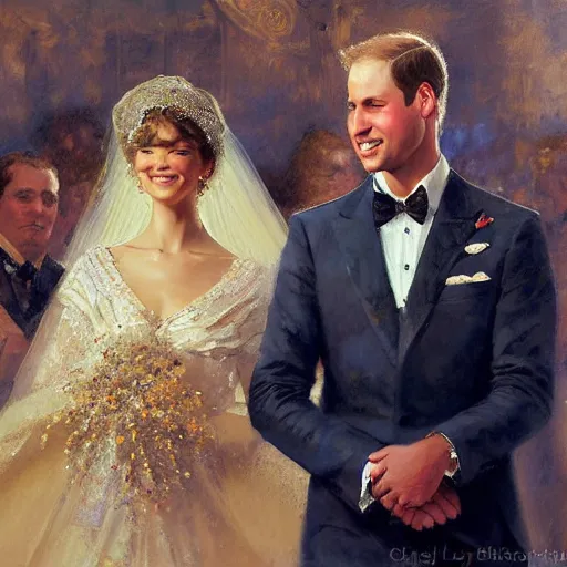 Prompt: detailed painting of prince william marrying attractive gigi hadid, highly detailed painting by gaston bussiere, craig mullins, j. c. leyendecker 8 k, 4 k, smiling couple, royal painting, human face, watercolor