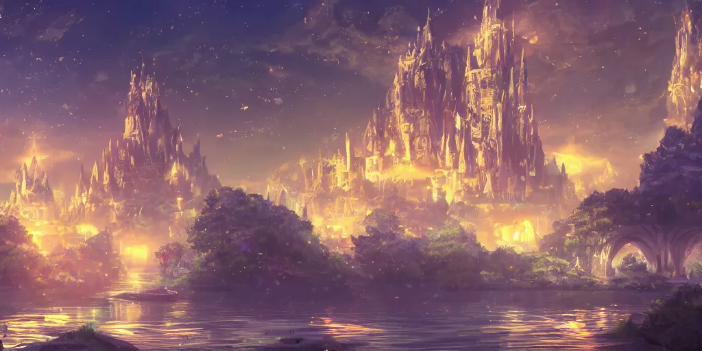 Prompt: beautiful and immersive magical town, magical buildings, bioluminescent forest surrounding, gentle rivers flowing through town, visual novel key visual, award - winning digital art on pixiv, trending on artstation - cinematic lighting, dramatic lighting, stunning and beautiful view - highly detailed, hyperrealistic, unreal engine 5, in the style of kingdom hearts