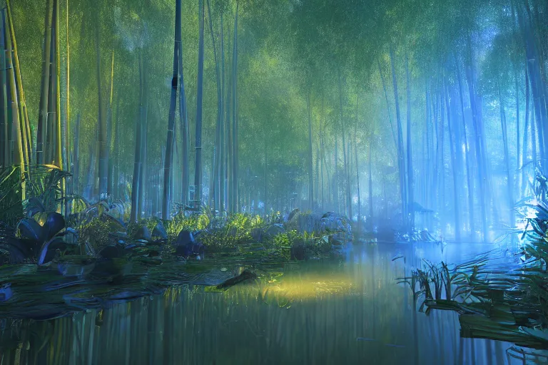 Prompt: Ultrarealistic glittering stream in a bamboo forest at night. By Andreas Rocha and Beeple, Unreal Engine 5, ArtStation, volumetric lighting