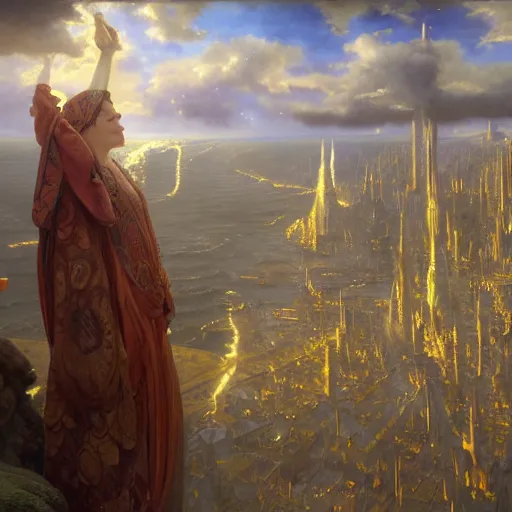 Prompt: a very detailed Magic portrait painting of someone with an oversized foot where their head should be, a very detailed fantasy city background, a very detailed dramatic sky, light particles, environment drawn by Donato Giancola and Tom Bagshaw, Edmund Leighton, character design by Alphonse Mucha, 4k, volumetric lighting, komorebi, award winning, octane render, hyperrealistic