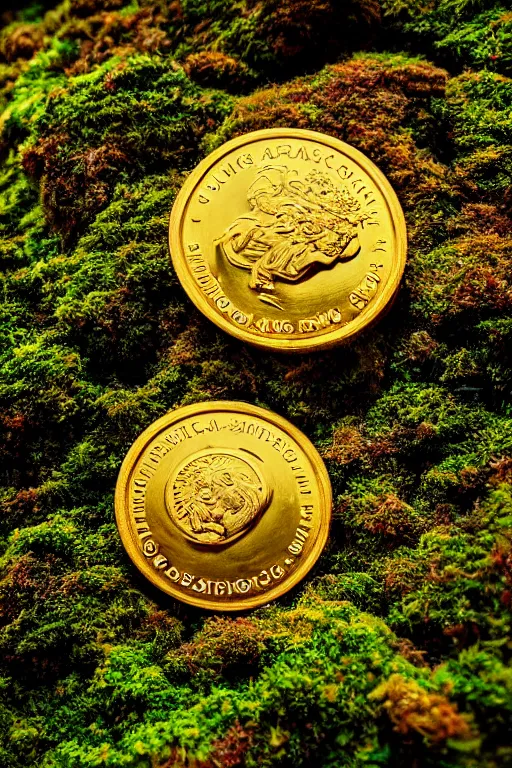 Image similar to SA magical gold coin on a bed of moss, dramatic lighting, cinematic, establishing shot, extremely high detail, foto realistic, cinematic lighting, post processed, concept art, high details, cinematic, 8k resolution, beautiful detailed, photorealistic, digital painting, artstation, concept art, smooth, sharp focus, artstation trending, octane render, unreal engine