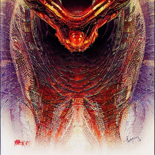 Image similar to a simple concept art portrait of a predatory robotic species. an award winning yoshitaka amano digital art poster color painting. a masterpiece by james gurney. poster colour on canvas.