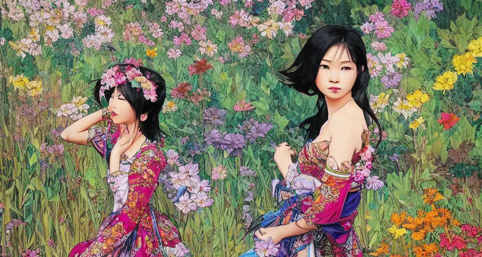 Prompt: oil painting, long shot, beautiful floralpunk thai girl illustration walking in a park, detailed patterns art of thai traditional dress, flower pop art, floral splash painting, art by makoto shinkai, ghibbli, alphonse mucha, dark shadow