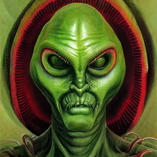 Prompt: realistic alien, medium shot portrait, devil horns,,!!!!! human eyes!!!!!!, green body. red eyes, background flames, by wayne barlowe