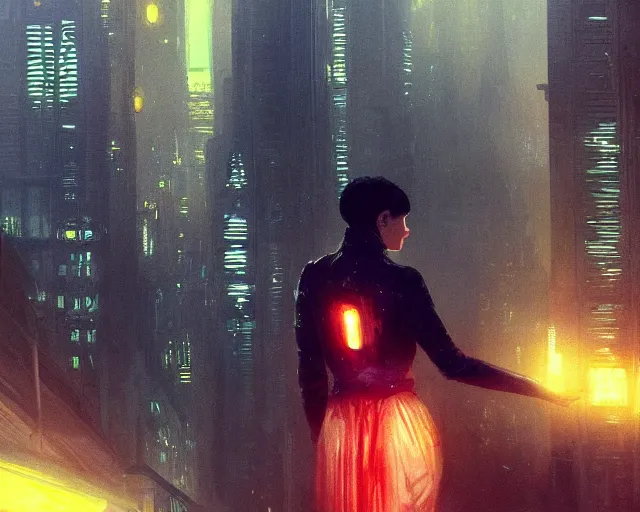 Image similar to 2 0 1 8 blade runner movie still girl look at the cityscape from roof perfect face fine realistic face pretty face reflective polymer suit tight neon puffy jacket blue futuristic sci - fi elegant by denis villeneuve tom anders zorn hans dragan bibin thoma greg rutkowski ismail inceoglu illustrated sand storm alphonse mucha