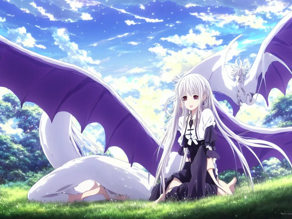 Prompt: anime art full body portrait character concept art, be surrounded by a huge silver white dragon center, in white clouds fairyland, anime key visual of violet evergarden, finely detailed perfect face delicate features directed gaze, laying down in the grass at sunset in a valley, trending on pixiv fanbox, violet evergarden, studio ghibli, xision, extremely high quality artwork