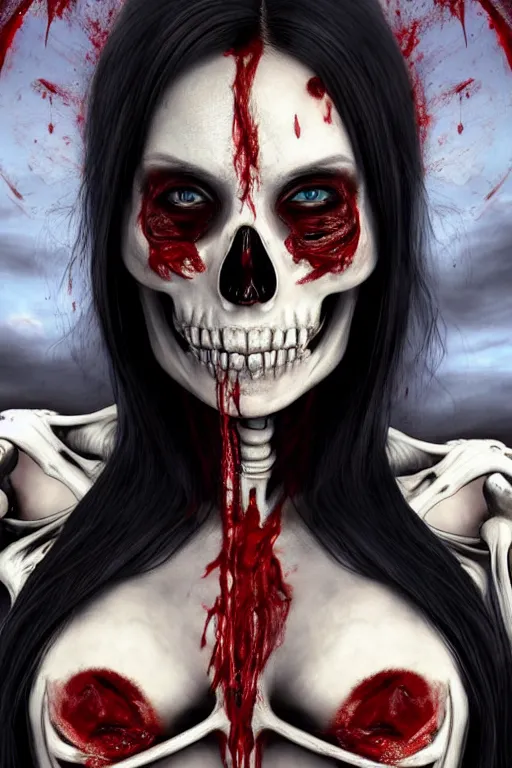 Prompt: skeleton black bones!!, covered with blood, jessica nigri face!!, highly detailed face, long red hair, beautiful blue eyes, ultra realistic, concept art, intricate details, photorealistic, octane render, 8 k, unreal engine. retro film still, heavy grain, 3 5 mm, art by artgerm and greg rutkowski and alphonse mucha