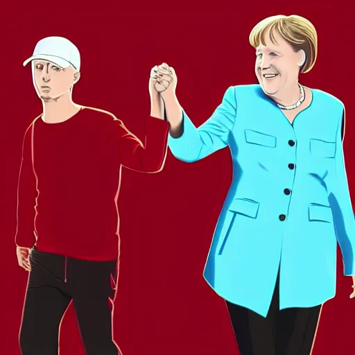 Image similar to Angela Merkel holding hands with Eminem, digital art, anime