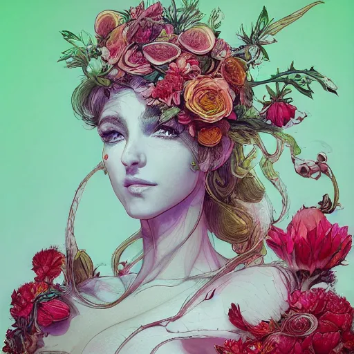 Image similar to the portrait of an absurdly beautiful, graceful, elegant, perky woman made of strawberries and green petals, an ultrafine hyperdetailed illustration by kim jung gi, irakli nadar, intricate linework, bright colors, octopath traveler, final fantasy, angular, unreal engine 5 highly rendered, global illumination, radiant light, detailed and intricate environment