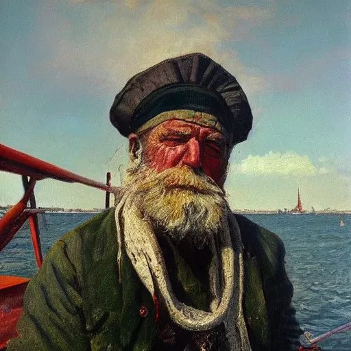 Prompt: painting of sailor hobo hyperrealism vasily vereshchagin at harbor boat fish