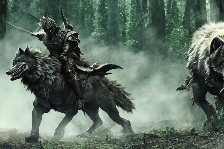 Image similar to vfx movie closeup detailed ancient armored warrior orc hunting riding large wolf in the forest, natural lighting by emmanuel lubezki