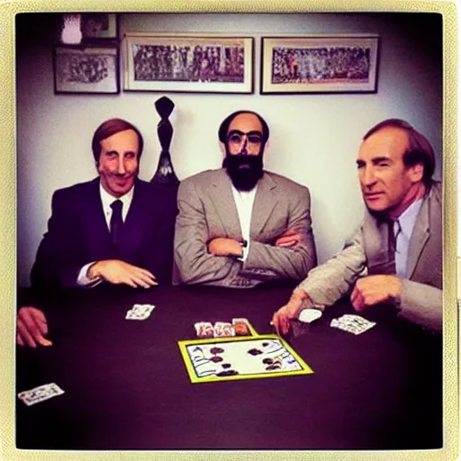 Prompt: “80’s Polaroid flash photo, Saul Goodman and Osama Bin Laden playing poker”