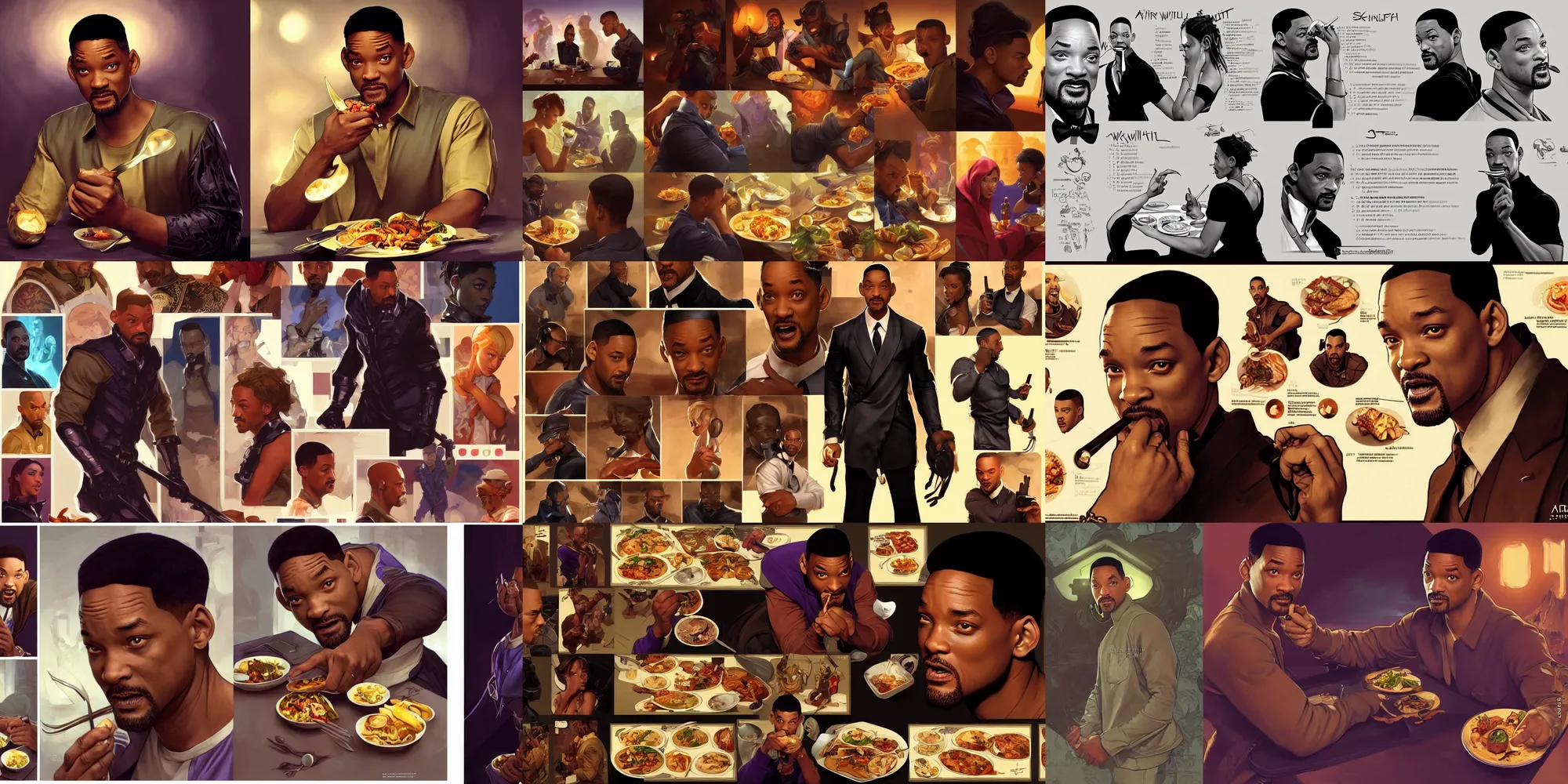 Prompt: will smith eating dinner, character sheet, character design, contrast, deep focus, turnaround, highly detailed, dramatic lighting, digital painting, artstation, concept art, matte, sharp focus, illustration, elegant, art by artgerm and greg f and alphonse mucha.