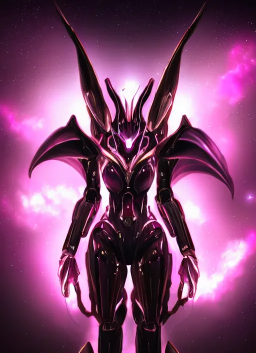 Image similar to cinematic goddess close shot, cosmic sized beautiful stunning elegant hot giant robot mecha female dragon, sharp cyborg dragon head, sharp metal ears, led glowing purple eyes, smooth fuschia skin, smooth silver armor, floating in space, epic proportions, epic scale, macro furry, furry art, dragon art, goddess art, giantess art, warframe fanart, furaffinity, octane