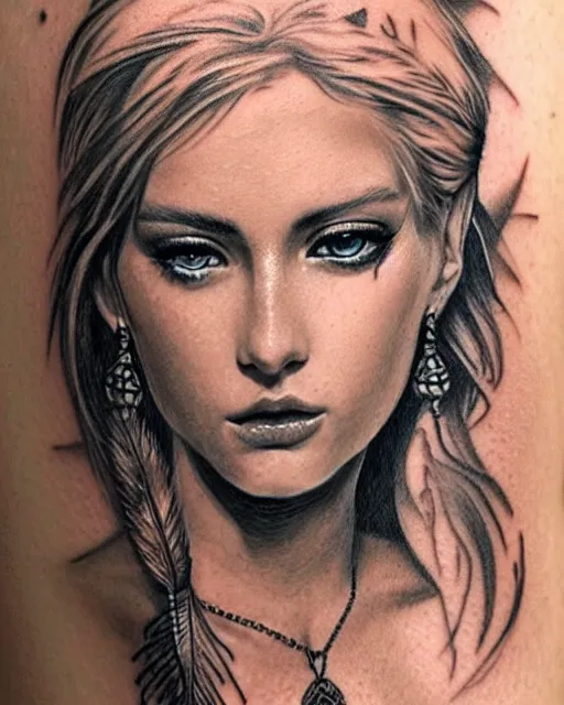 Image similar to tattoo sketch of beautiful greek goddess aphrodite with arrowhead earrings, beautiful feather jewelry, beautiful piercing eyes, flowing blonde hair, realistic face, hyper realistic, in the style of greg rutkowski, fantasy, amazing detail, epic, elegant, smooth, sharp focus, from the front