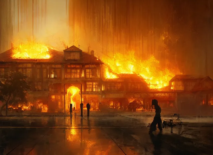 Prompt: the rich golden house burns in fire, volumetric lighting, digital painting, highly detailed, artstation, sharp focus, illustration, concept art, ruan jia, steve mccurry, amazing composition
