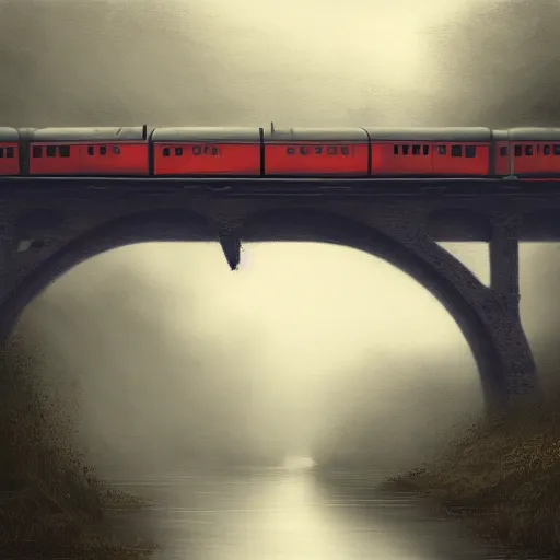 Image similar to an old train under the bridge by Aron Wiesenfeld and beksincki, cinematic, detailed illustration, nature, fog, dark colors, suspense, intricate, 8k