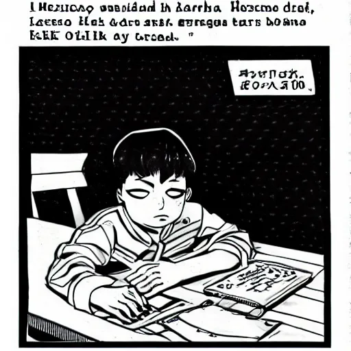 Prompt: mexican kid sitting at his desk asleep, hirohiko araki style, manga