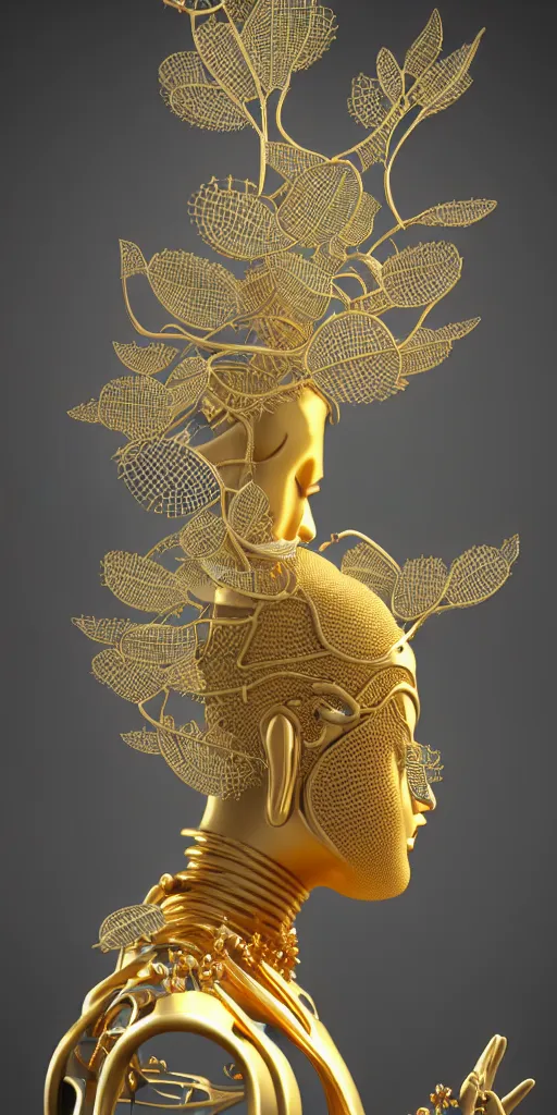 Image similar to complex 3d render ultra detailed of a monk discovering buddhahood, mechanical cyborg, 150 mm, accent lighting, beautiful studio soft light, rim light, silver gold red details, luxurious, magnolia big filigran ultra detailed leaves and stems, roots, Alexander Mcqueen haute couture, fine foliage lace, mesh wire, beautiful background, filigran intricate details, hyperrealistic, mandelbrot fractal, anatomical, silver metal armor, facial muscles, cable wires, microchip, elegant, white background, beautiful white teeth, beautiful lips, octane render, H.R. Giger style, 8k