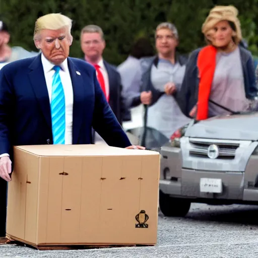 Prompt: donald trump leaving mar - a - lago with cardboard boxes, lego,