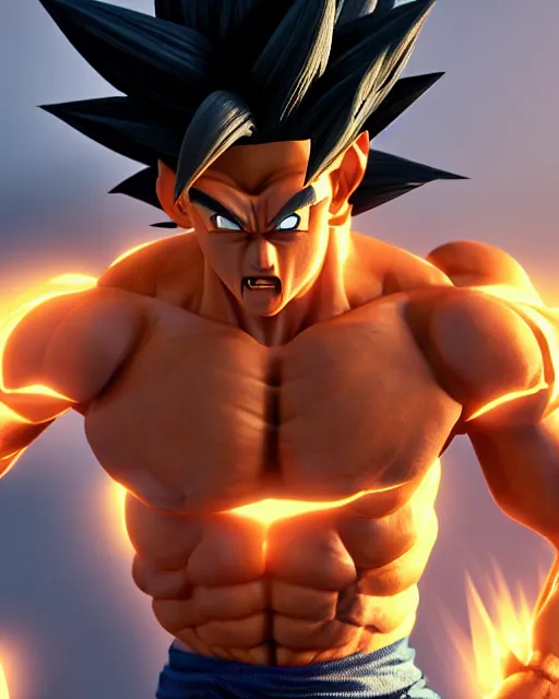 Image similar to 3 d high octane render, 8 k cgi, unreal engine, photorealistic goku, portrait, dynamic lighting, photorealistic, unreal engine, octane, ultra detailed, detailed faces, hd quality