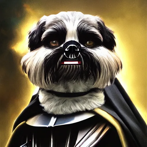 Image similar to Darth Vader as a Shih Tzu, detailed, centered, digital painting, artstation, concept art, donato giancola, Joseph Christian Leyendecker, WLOP, Boris Vallejo, Breathtaking, 8k resolution, extremely detailed, beautiful, establishing shot, artistic, hyperrealistic, beautiful face, octane render, cinematic lighting, dramatic lighting, masterpiece