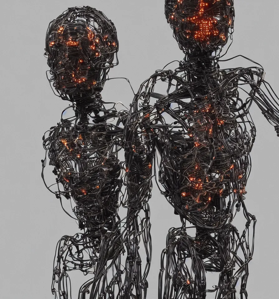 Image similar to photorealistic hyperdetailed portrait of an automaton made of translucent plastic and black carbonfiber, underlying copper wires and tiny steel gears, aluminum skeleton, leds spread evenly under the skin, octane render pbr, polaroid filter, long focal, low angle, focus on the face