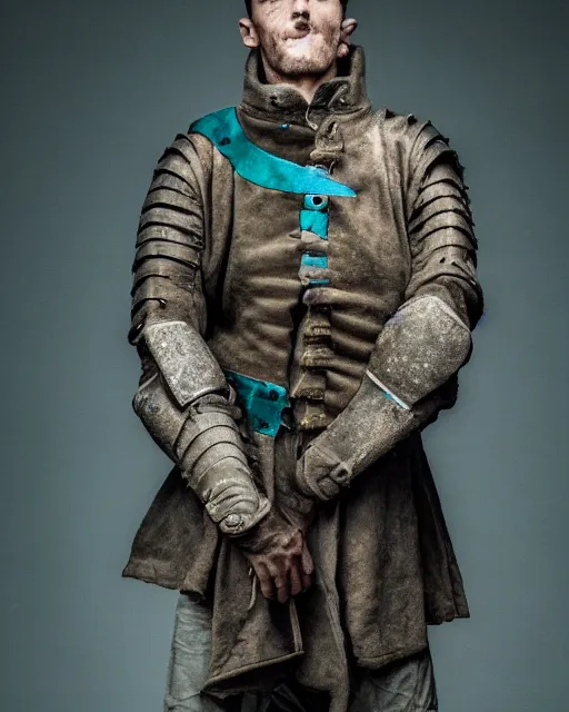 Image similar to an award - winning photo of an ancient male model wearing a plain baggy teal distressed medieval designer menswear military jacket slightly inspired by medieval armor designed by alexander mcqueen, 4 k, studio lighting, wide angle lens